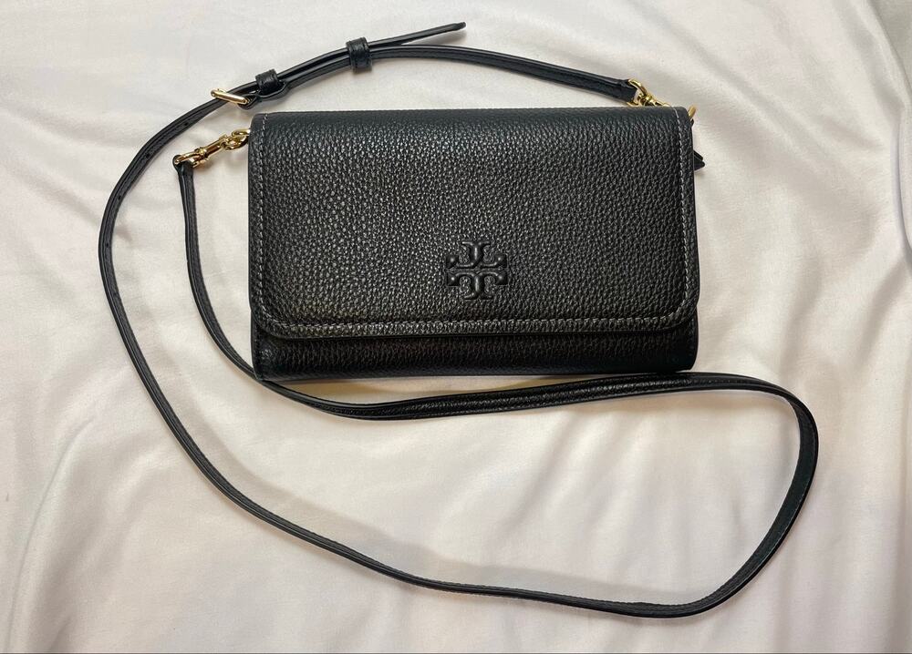 Tory Burch Thea Black Pebbled Leather Wallet Crossbody WOC Gold Hardware